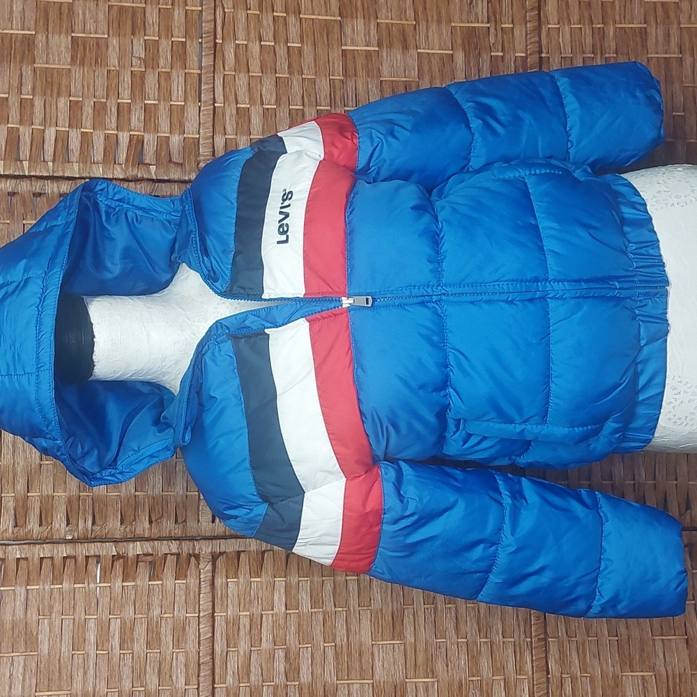 Levi's Blue Puffer Jacket with Red and White Stripes